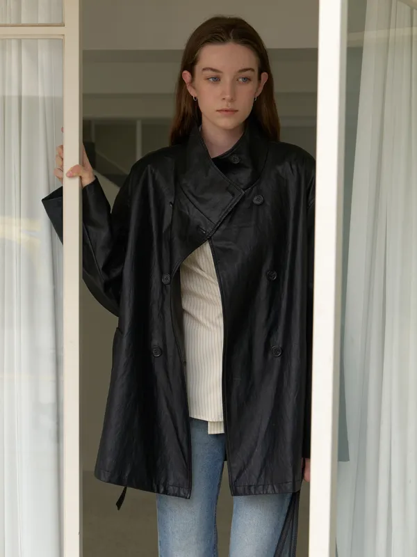 A HIGH NECK FAUX LEATHER COAT_BLACK