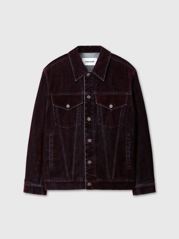 (W) FLOCKED DENIM OVERSIZED TRUCKER_ BURGUNDY