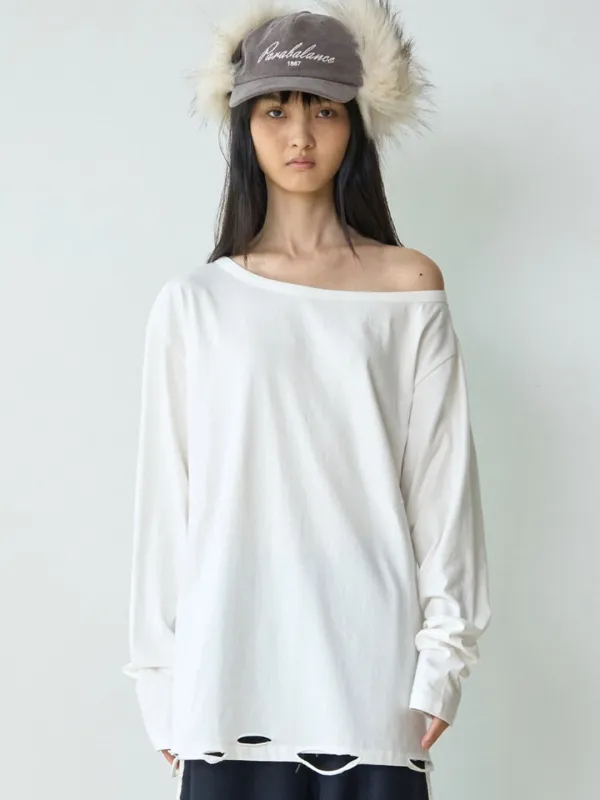One Shoulder Distressed T-Shirt [White]