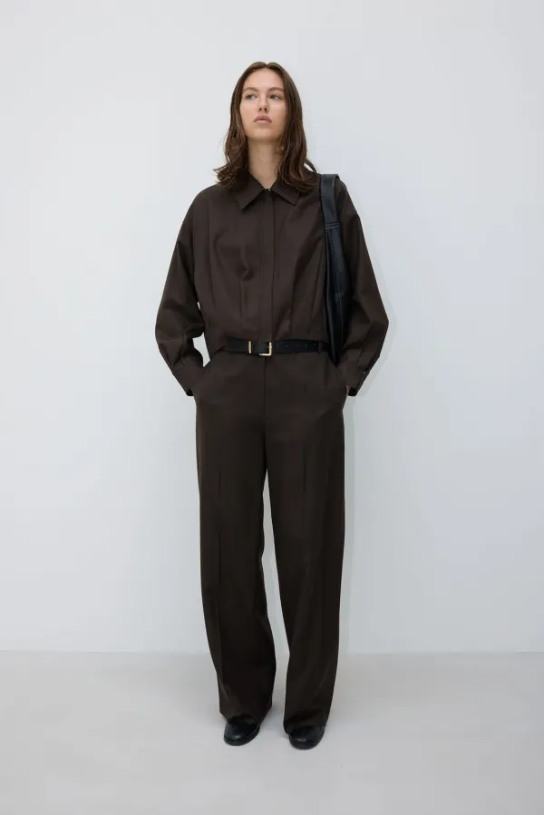 Tucked hem wool zip-up Jacket _d/brown