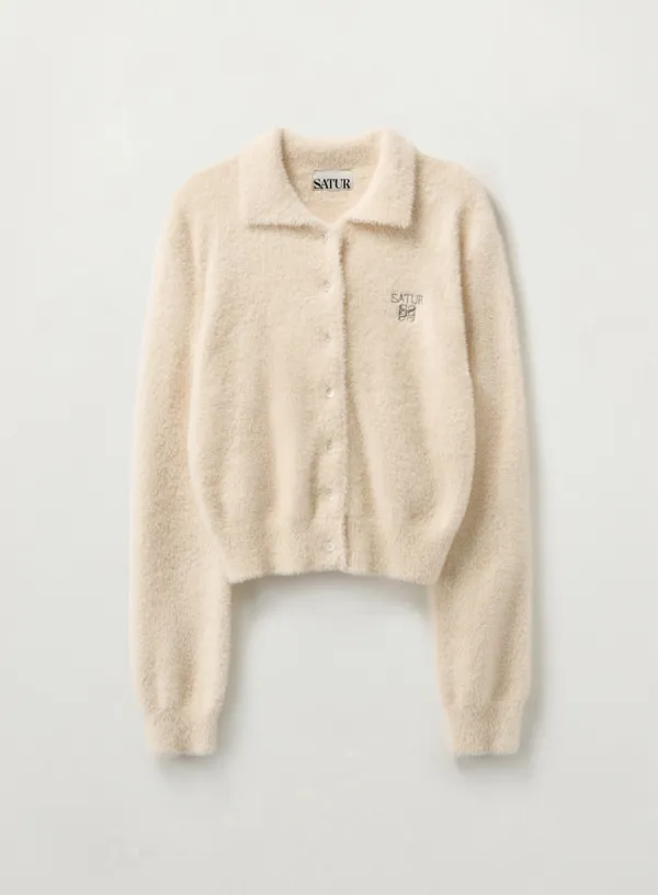 (W) Hairy Collar Knit Cardigan - Cream