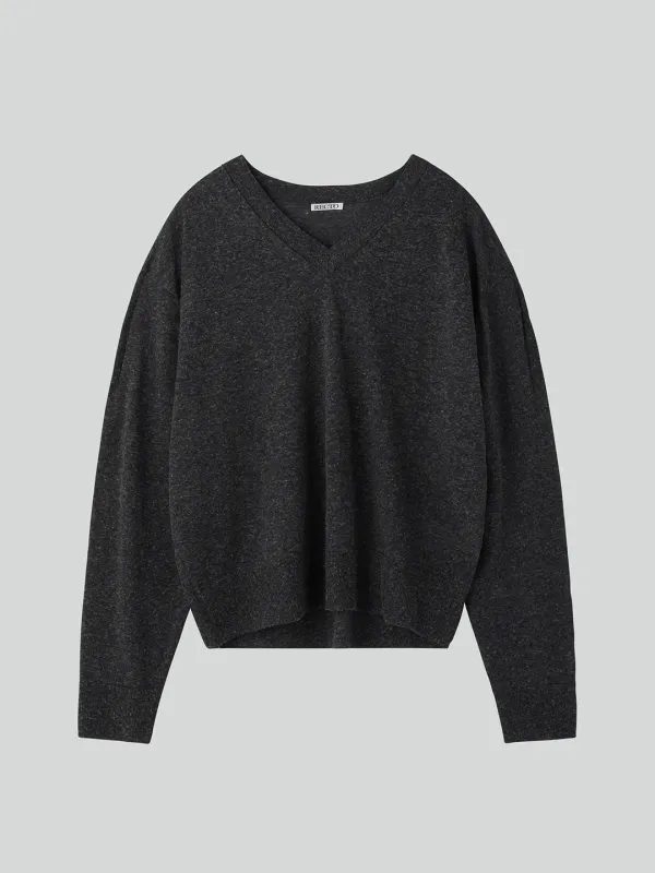 MELANGE V-NECK LOOSE KNIT TOP (CHARCOAL GREY)