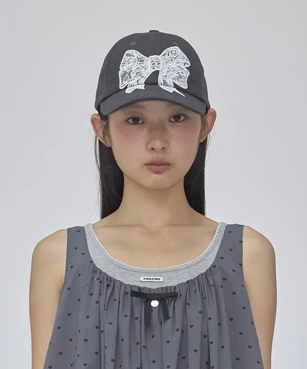 LACE RIBBON APPLIQUE BALL CAP CHARCOAL