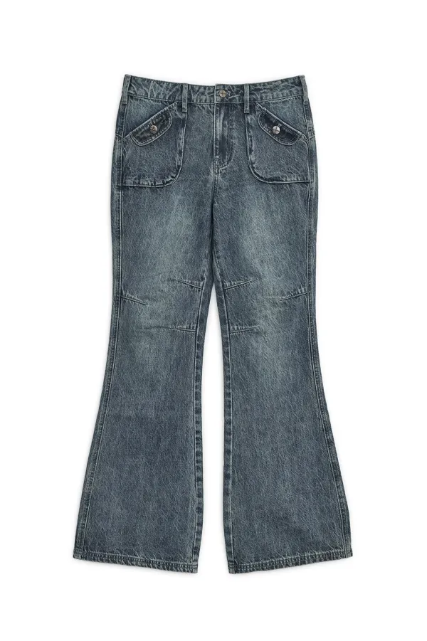 Vintage washed boots-cut denim pants (Blue)