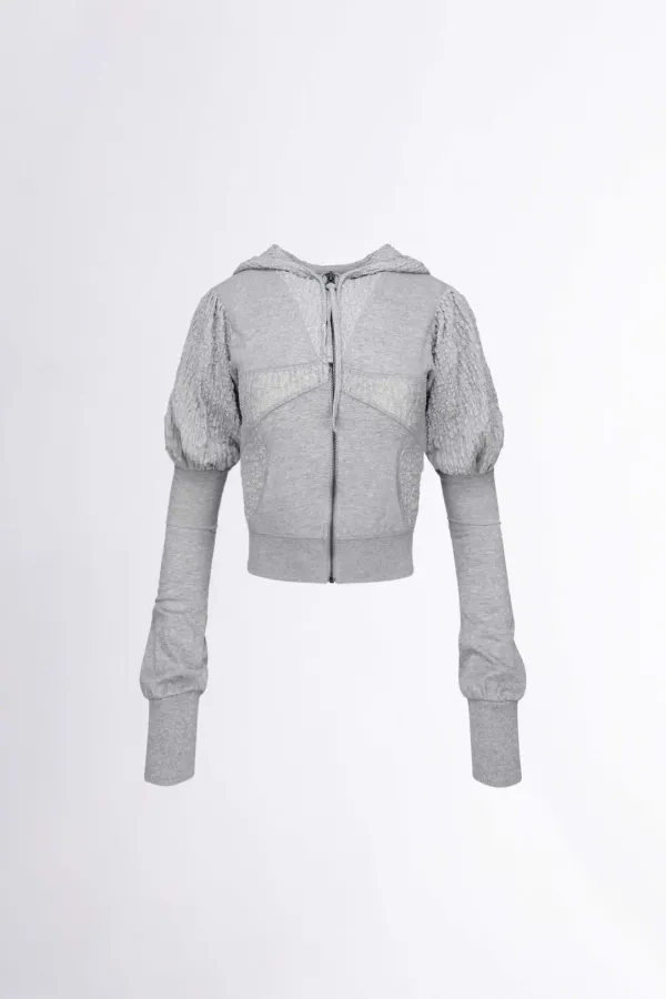 Puff Sleeve Zip-Up Hoodie Melange Gray