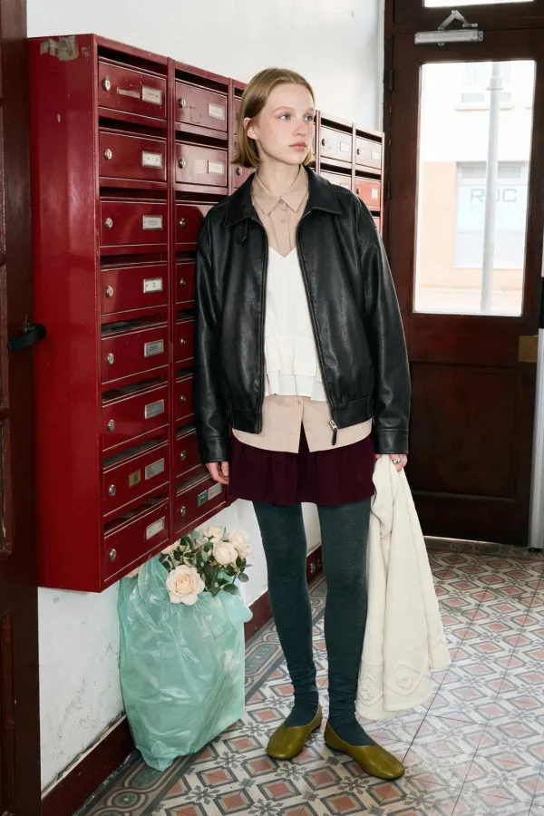 Shirred Leather Blouson Jacket (Black)