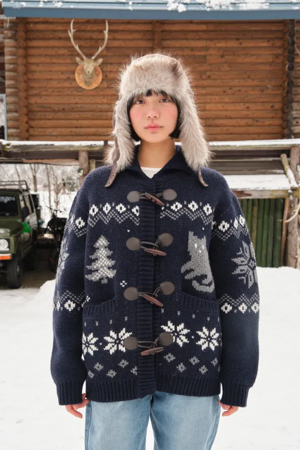 Tree Cat Wool Cowichan Cardigan - Navy