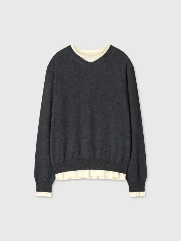 (W) SUPERFINE WOOL LAYERED V-NECK KNIT SWEATER_ CHARCOAL/LIGHT YELLOW
