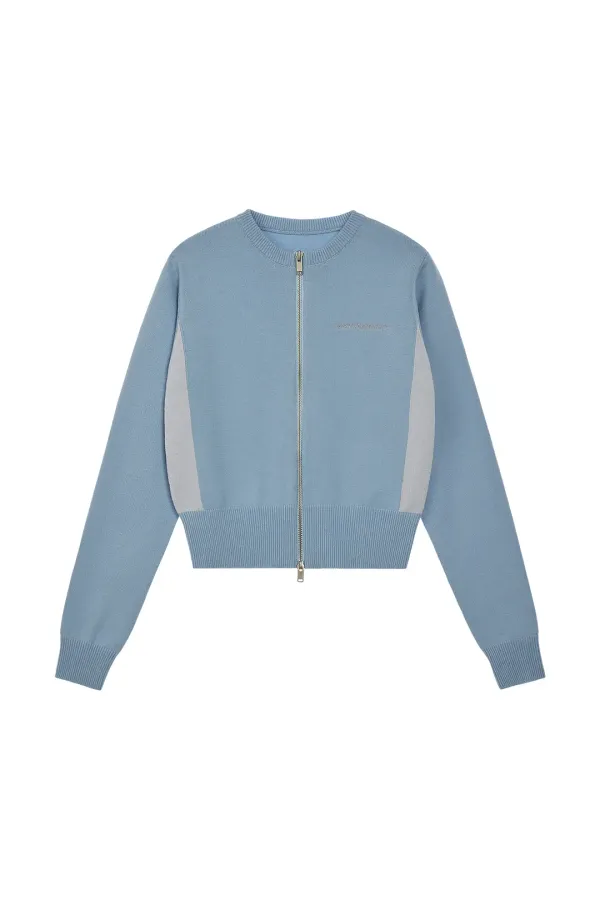 ROUND NECK KNIT ZIP-UP - SKY BLUE