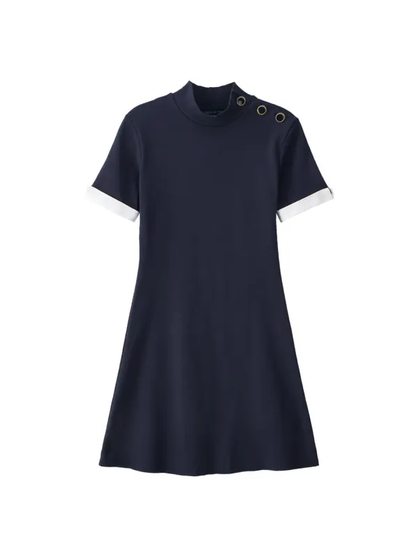 Button Point Short Sleeve Mini Dress_ Navy