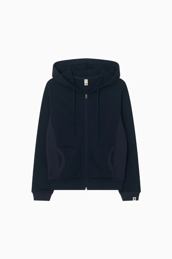 TWO-TONE WAFFLE HOODED ZIP-UP, NAVY