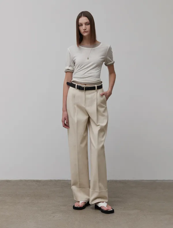 ROLL-UP COTTON PANTS [BEIGE]