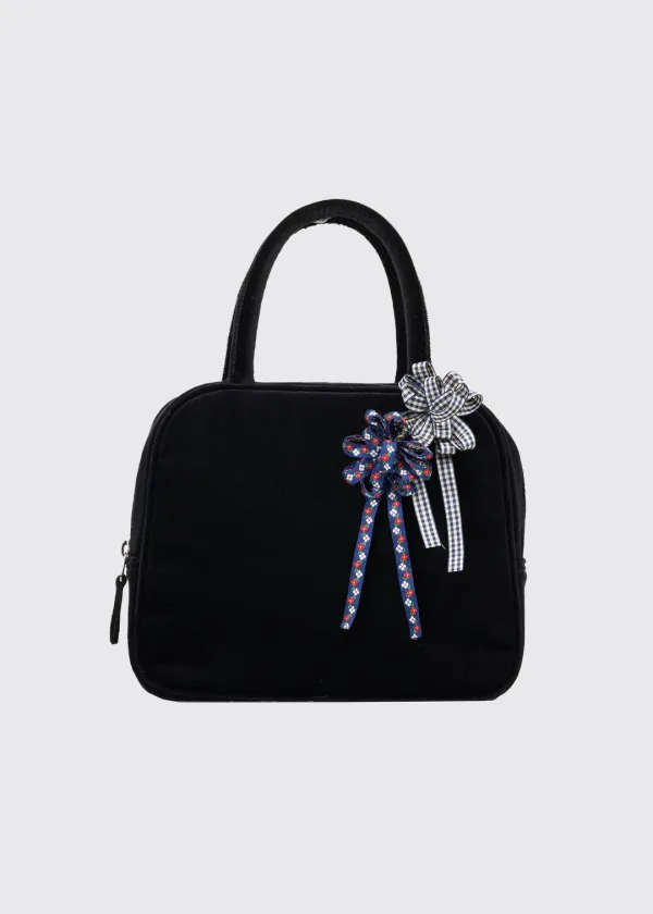 COTTON VELVET BROOCH HAND BAG - BLACK