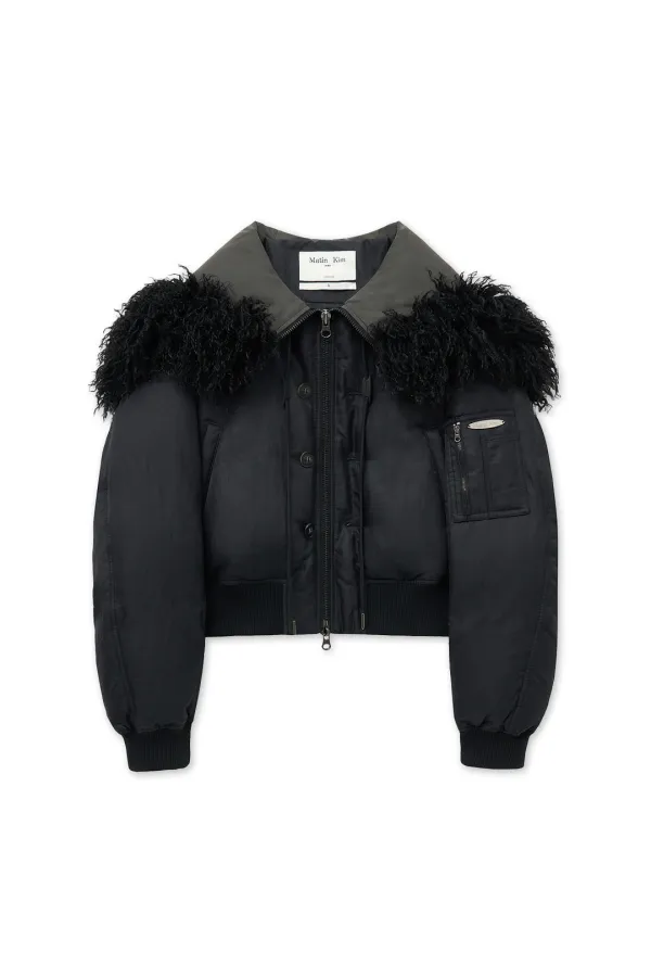 FUR HOODY BOMBER DOWN JUMPER IN BLACK