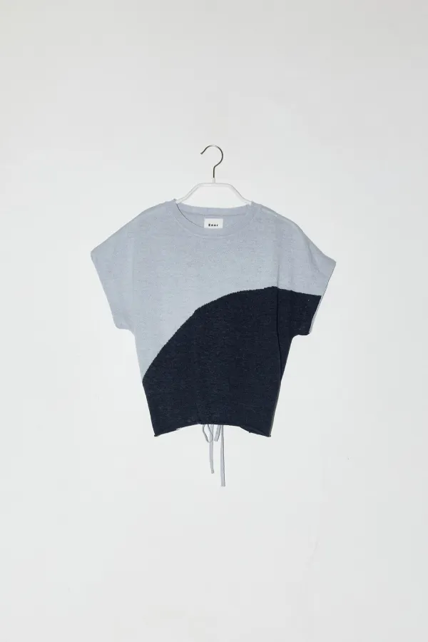TWO TONE DRAWSTRING KNIT TOP - BLUE