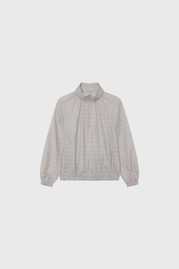 High neck check shirring blouson (light beige)
