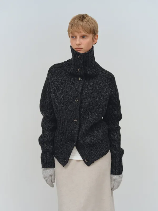 TFW WOOL TURTLENECK CABLE CARDIGAN_CHARCOAL