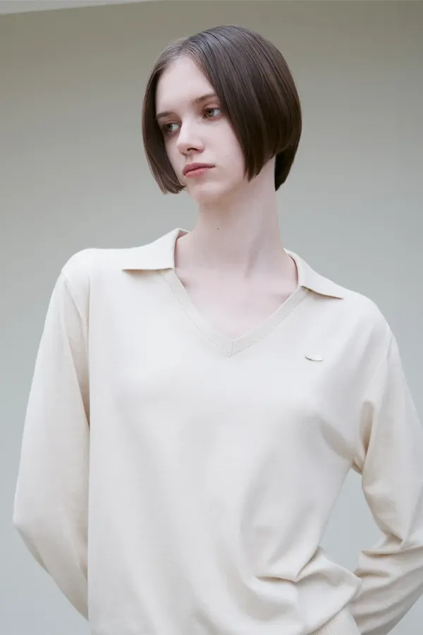 SPREAD COLLAR KNIT TOP BEIGE