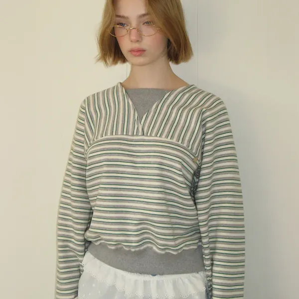 PENDANT V NECK STRIPE SWEATSHIRT GREY