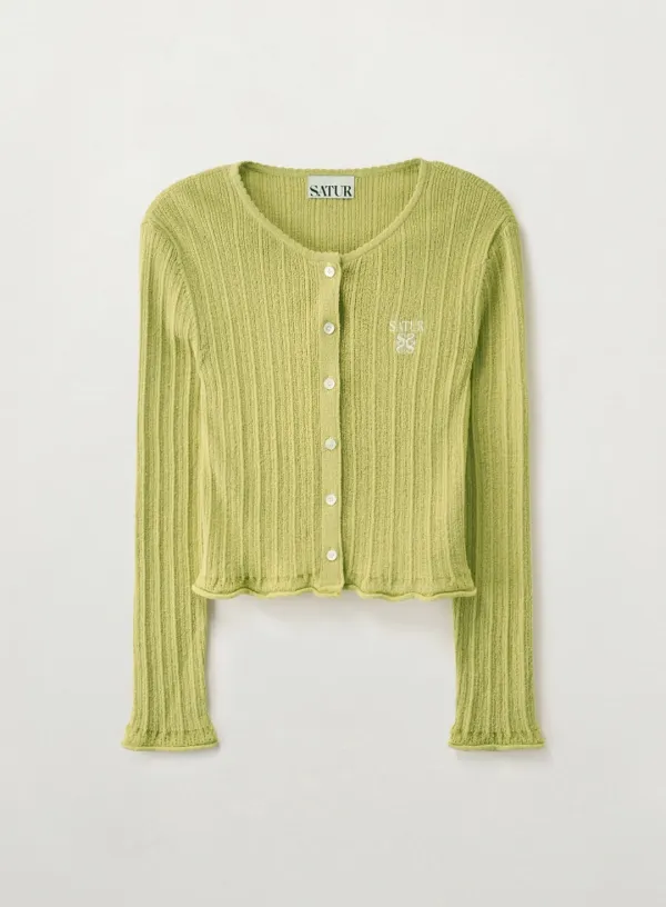 [신예은 Pick] (W) Sheer Long Sleeve Crop Cardigan - Olive Green
