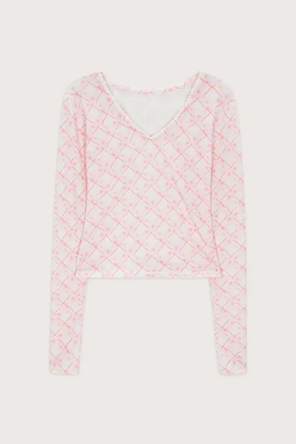 Printed V-Neck Long Sleeve (Light Pink)