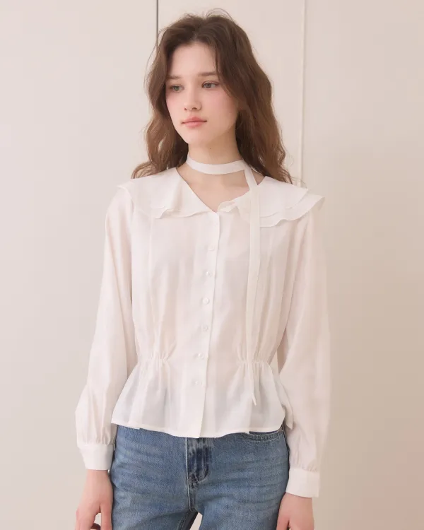 Duffle shirring ruffle tie blouse - white