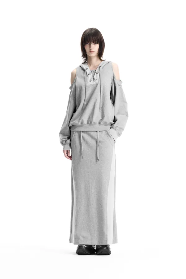 Lace-Up Eyelet Set-Up Skirt [ Melange Gray ]