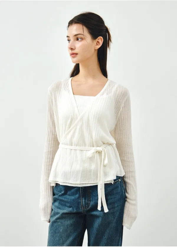 [SET] 시어 린넨 랩 니트 & 슬리브리스 화이트 MDKT124WHITE