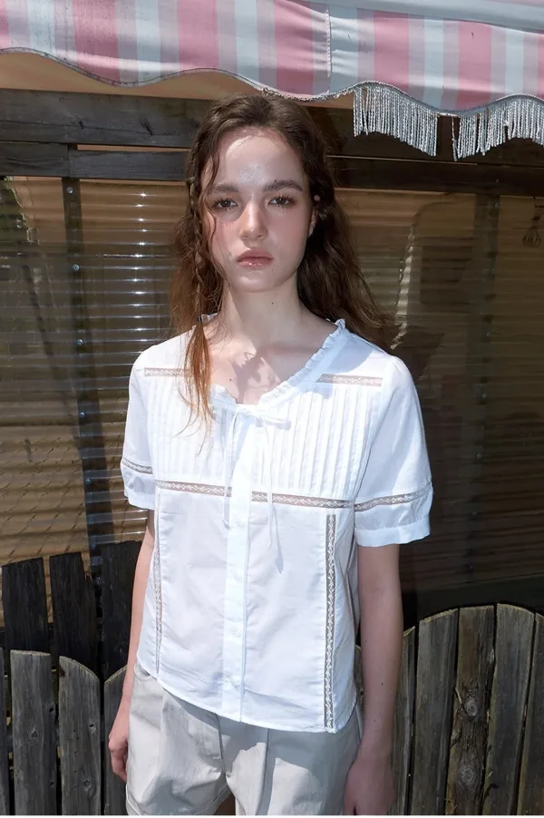 [5/29 예약배송] Lace Pintuck Cotton Blouse, White