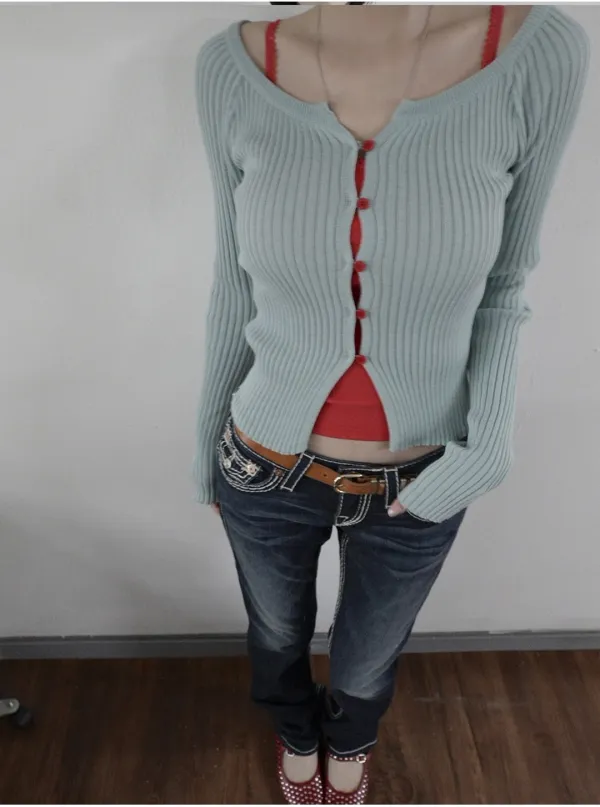Boat-Neck Color Button Cardi