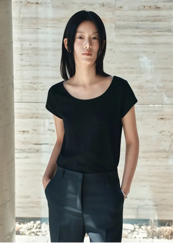 SITP5286 캡소매 슬림 반팔 티셔츠_Black