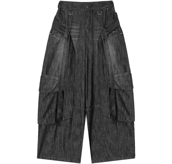 Utility Belted Cargo Denim Pants [ Gray ]
