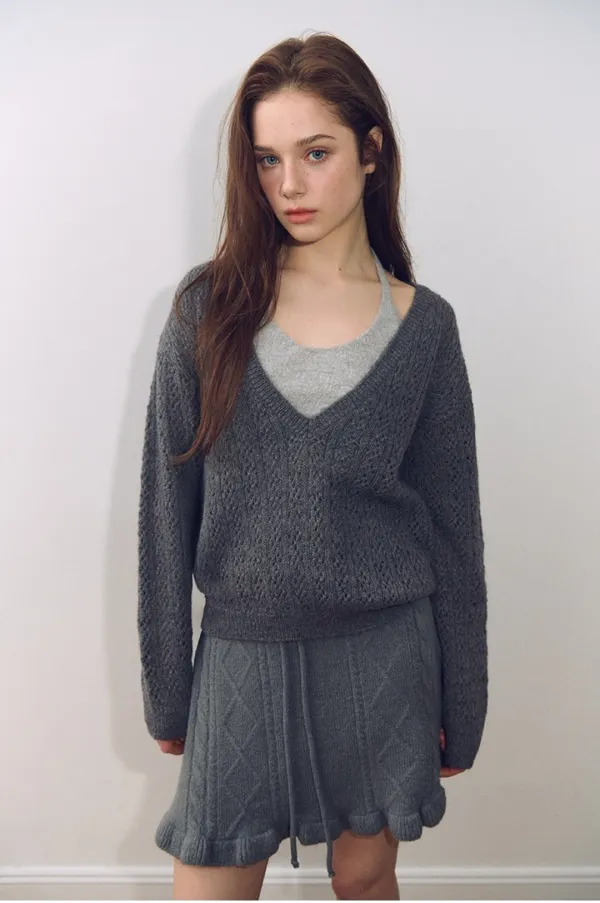 Alpaca Pointelle V-neck Knit, Charcoal