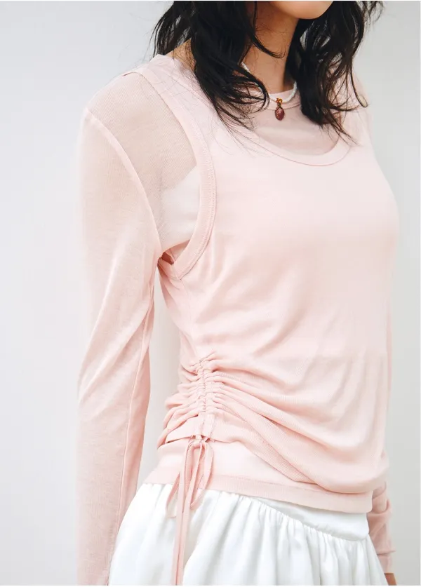 [SET] 사이드 셔링 레이어드 티셔츠 핑크 MDTS067PINK