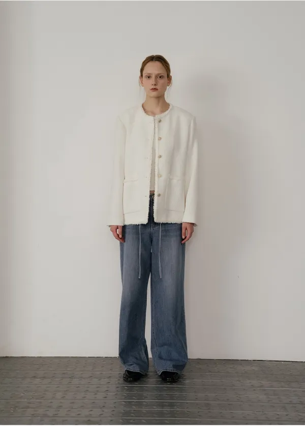 Fringe trimming tweed jacket [KNSS05JK03]_Ivory