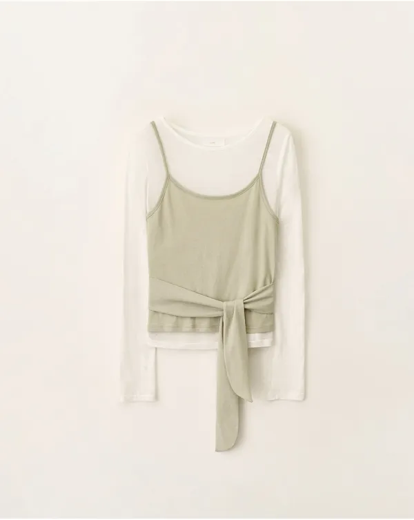 Front tie layered t-shirt set_Lime/Ivory