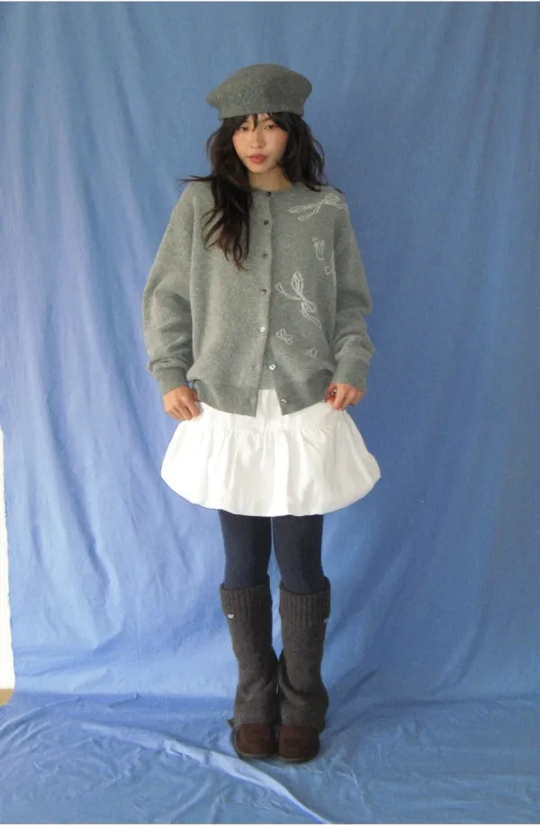 RIBBON DRAWING KNIT CARDIGAN GREY