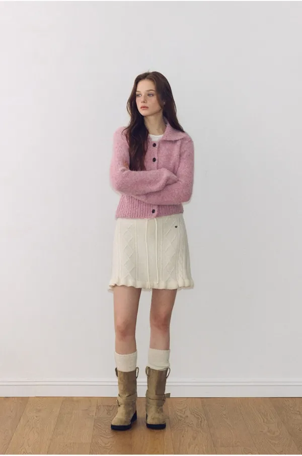 Hairy Collar Cardigan, Pink