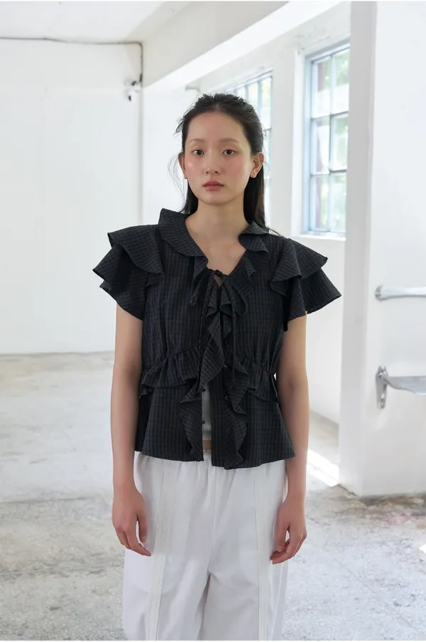 LAYERED RUFFLE BLOUSE - CHARCOAL