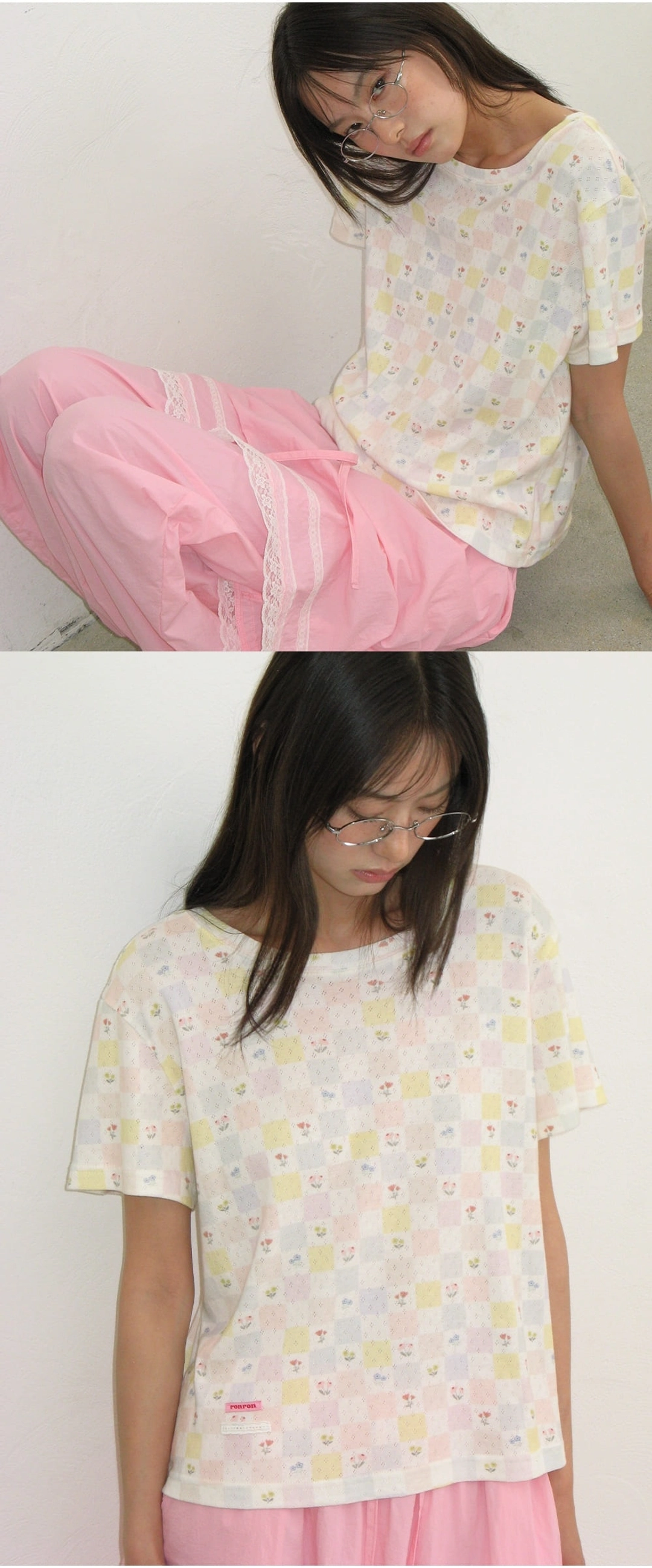 론론 CUBE PATTERN EYELET HALF SLEEVE T SHIRT WHITE 상품 이미지 3
