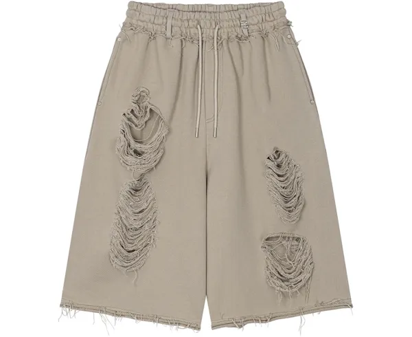 Scratch Damage Bermuda Sweat Pants [ Beige ]