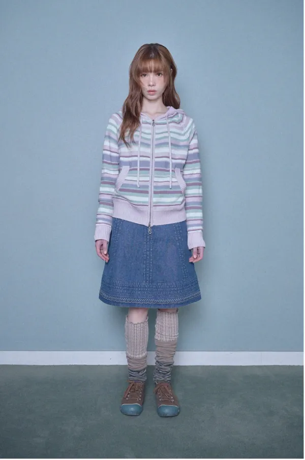 Candy stripe knit hoodie zip-up (Lavender Pink)