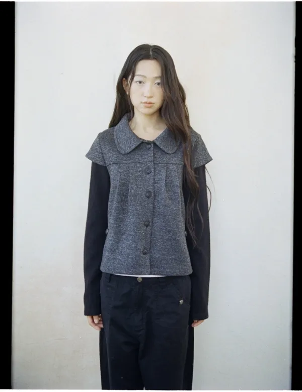 Round collar shirring knit jacket (Charcoal)