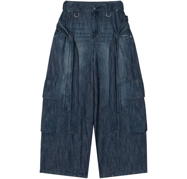 Utility Belted Cargo Denim Pants [ Blue ]