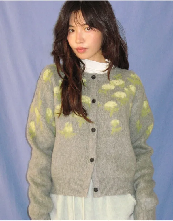 BRUSHED FLORAL ROUND CARDIGAN GREY