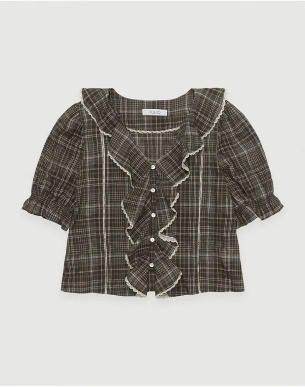 [2nd/2주이상소요] Soft pure ruffle blouse - check brown
