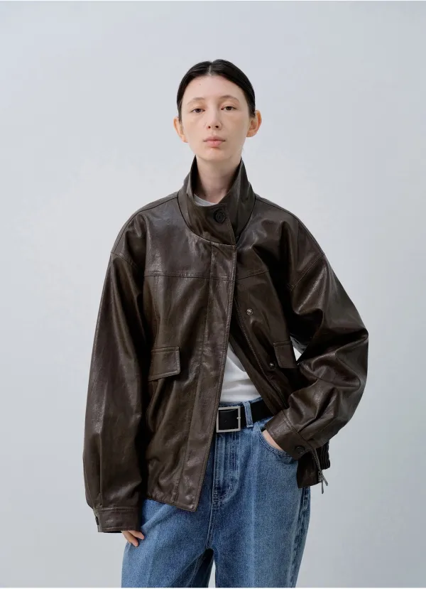 [다연PICK] OUT POCKET HIGH NECK LEATHER BLOUSON_BROWN