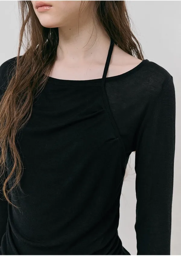 Halter Shirring T-Shirt, Black