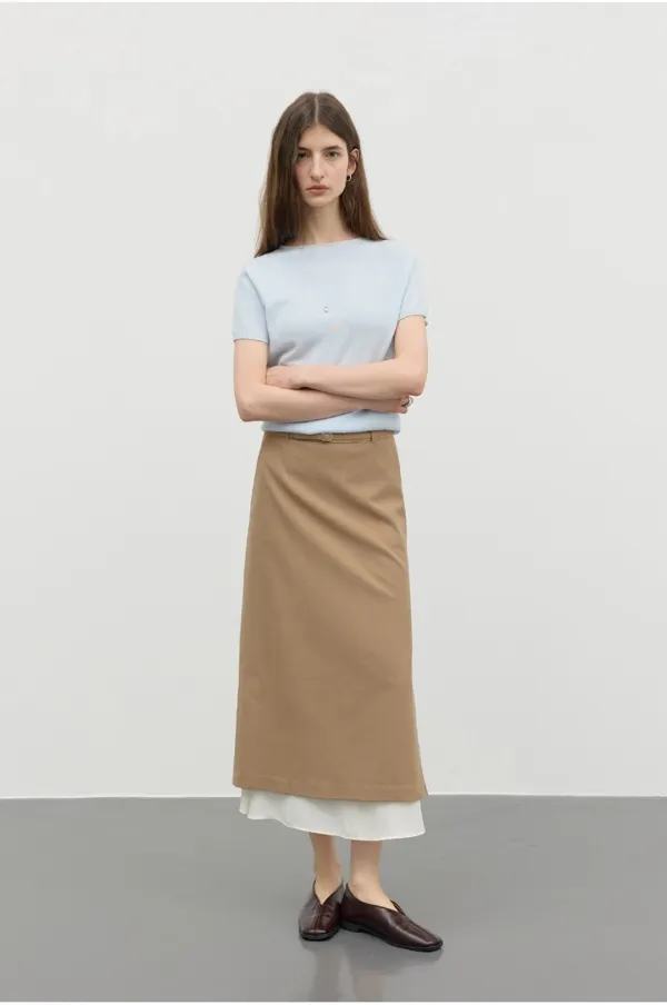 울 벨티드 레이어드 롱 스커트_BEIGE