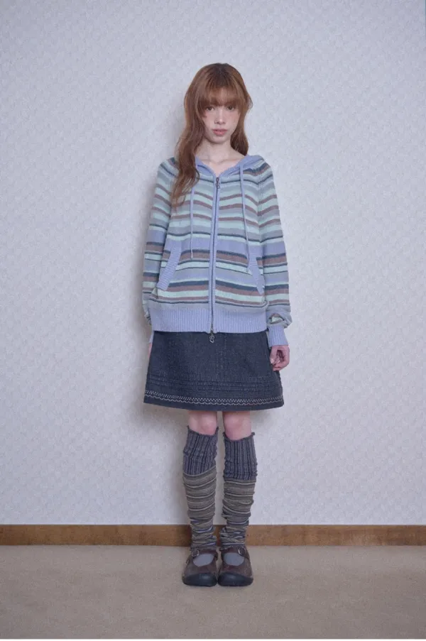 Candy stripe knit hoodie zip-up (Sky Blue)